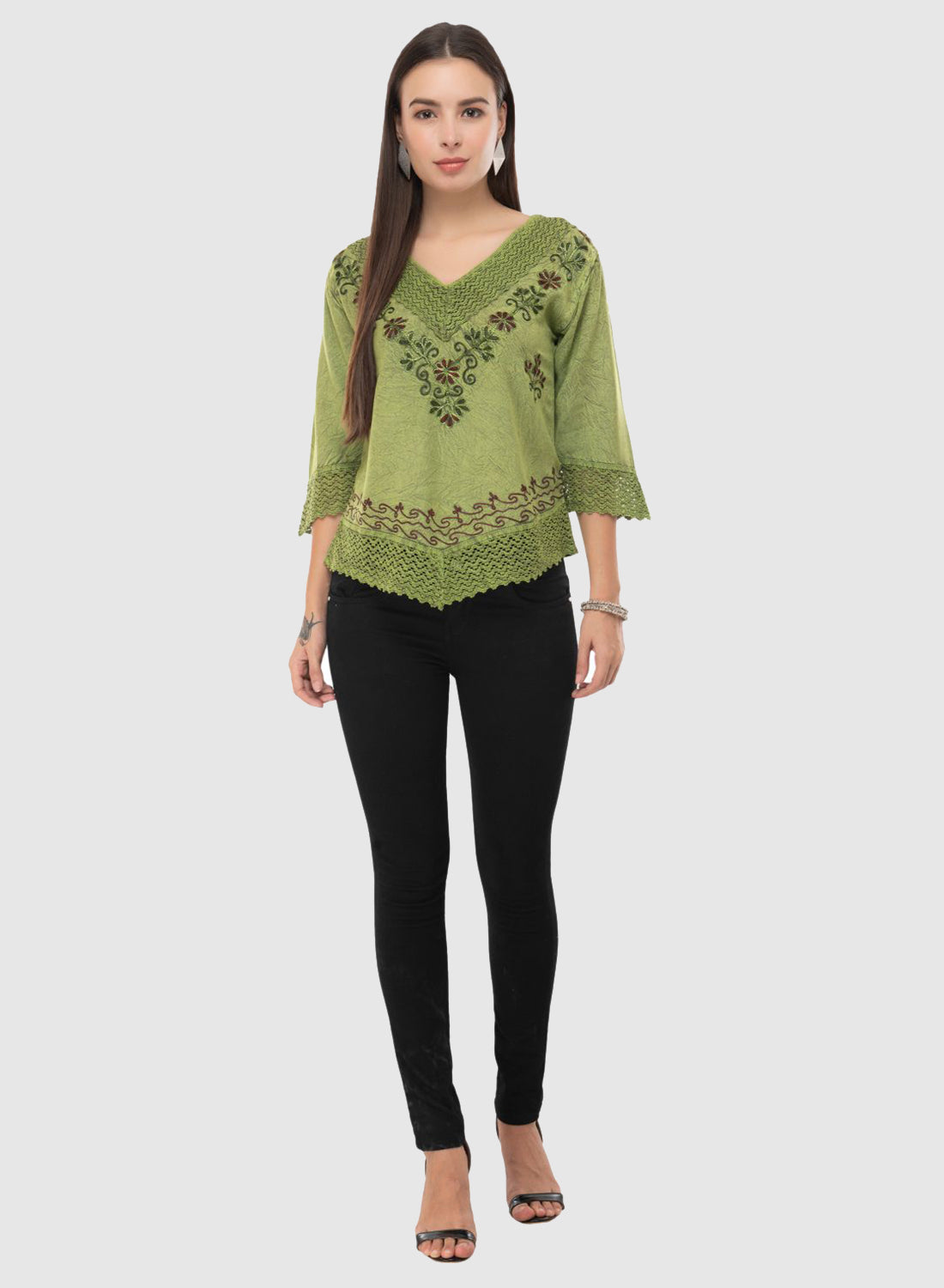 Women Top Green Casual Regular Fit 3/4 Sleeve Embroidery Work
