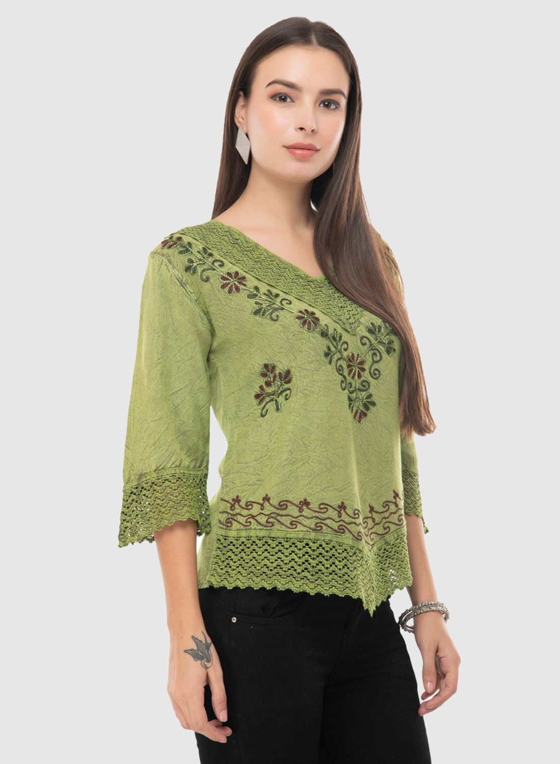 Women Top Green Casual Regular Fit 3/4 Sleeve Embroidery Work