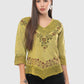 Women Top Yellow Green Casual Regular Fit 3/4 Sleeve Embroidery Work
