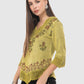 Women Top Yellow Green Casual Regular Fit 3/4 Sleeve Embroidery Work