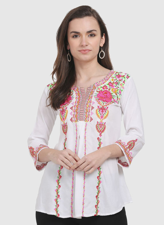 Women Top White Casual Regular Fit 3/4 Sleeve Embroidery Work