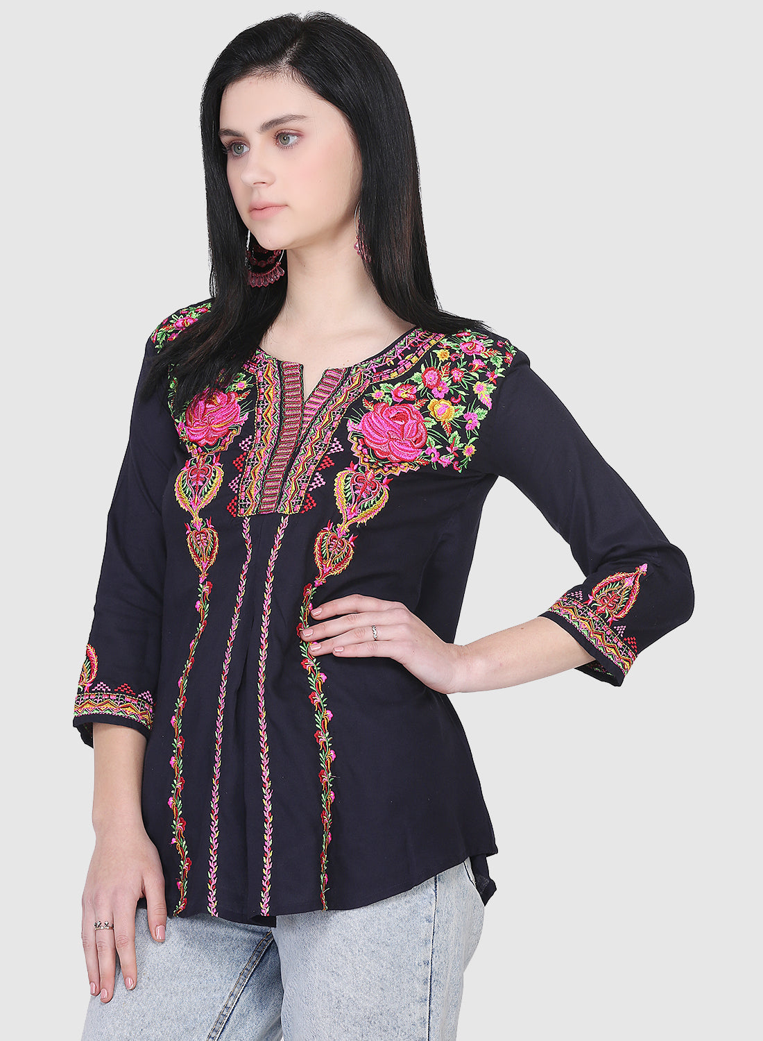 Women Top Navy Blue Party Wear Fit and Flare 3/4 Sleeve