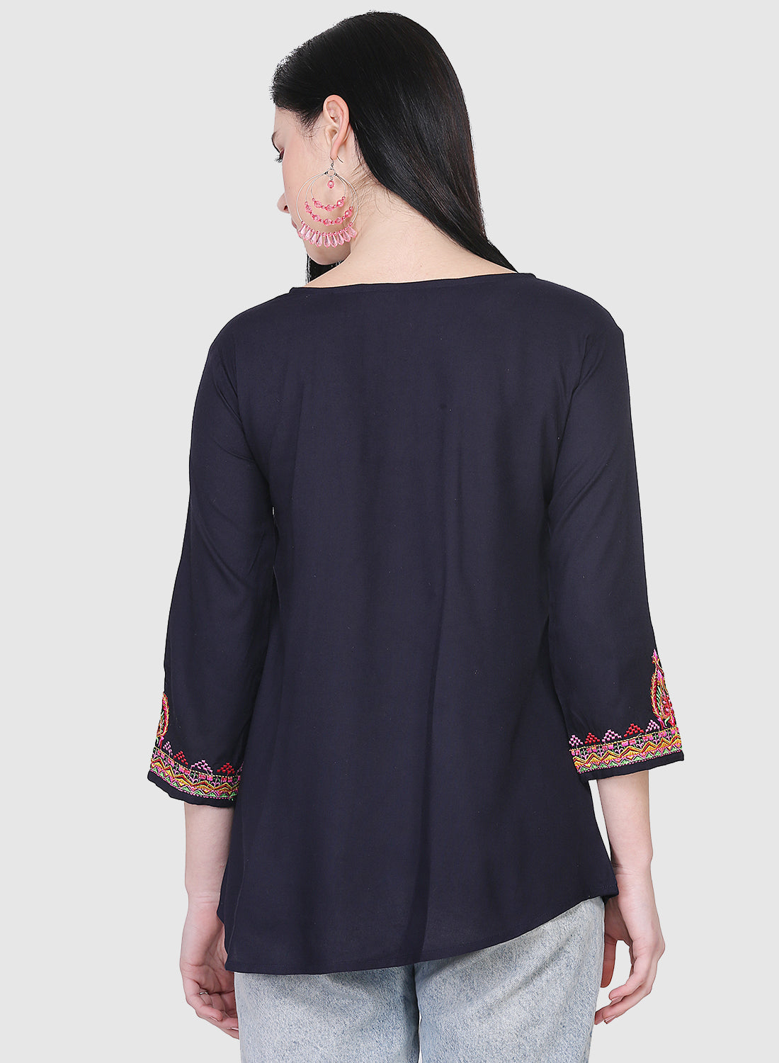 Women Top Navy Blue Party Wear Fit and Flare 3/4 Sleeve