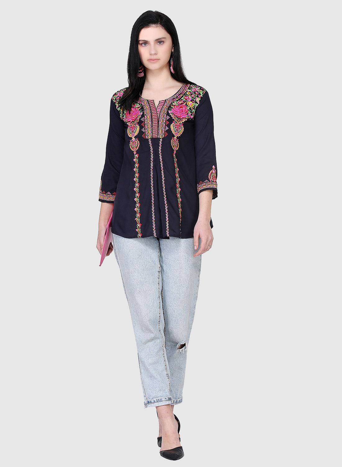 Women Top Navy Blue Party Wear Fit and Flare 3/4 Sleeve