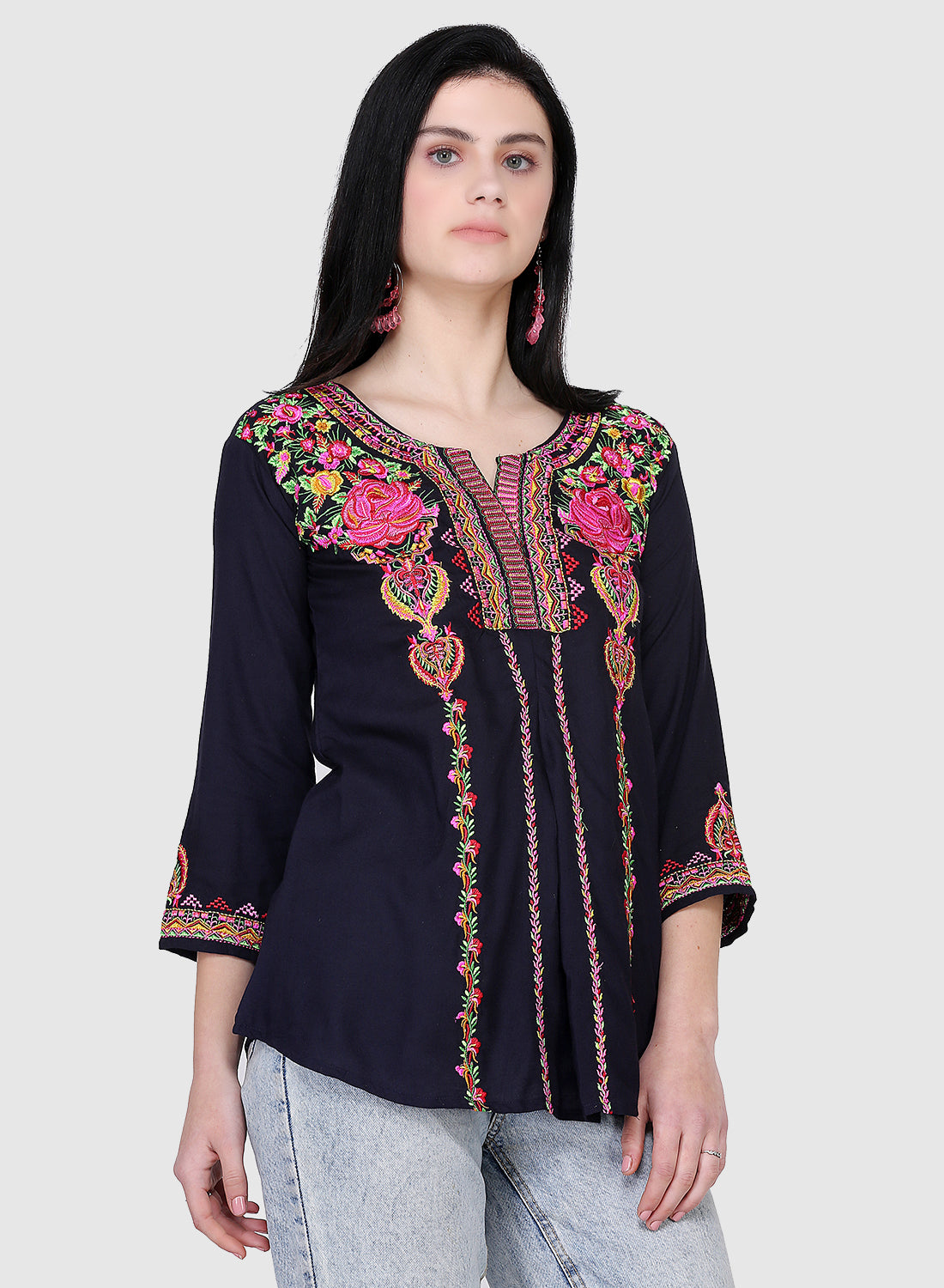 Women Top Navy Blue Party Wear Fit and Flare 3/4 Sleeve