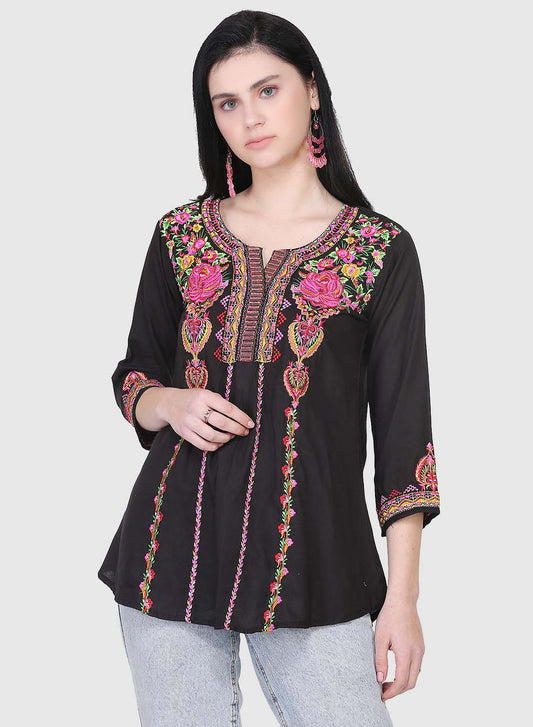 Women Top Black Party Wear Fit and Flare 3/4 Sleeve