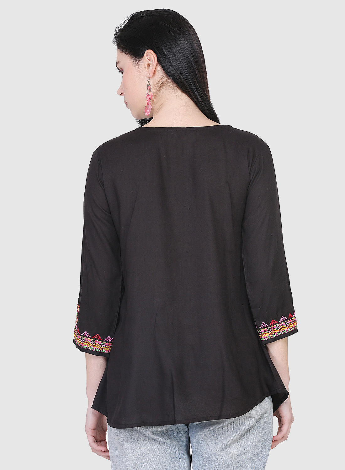 Women Top Black Party Wear Fit and Flare 3/4 Sleeve