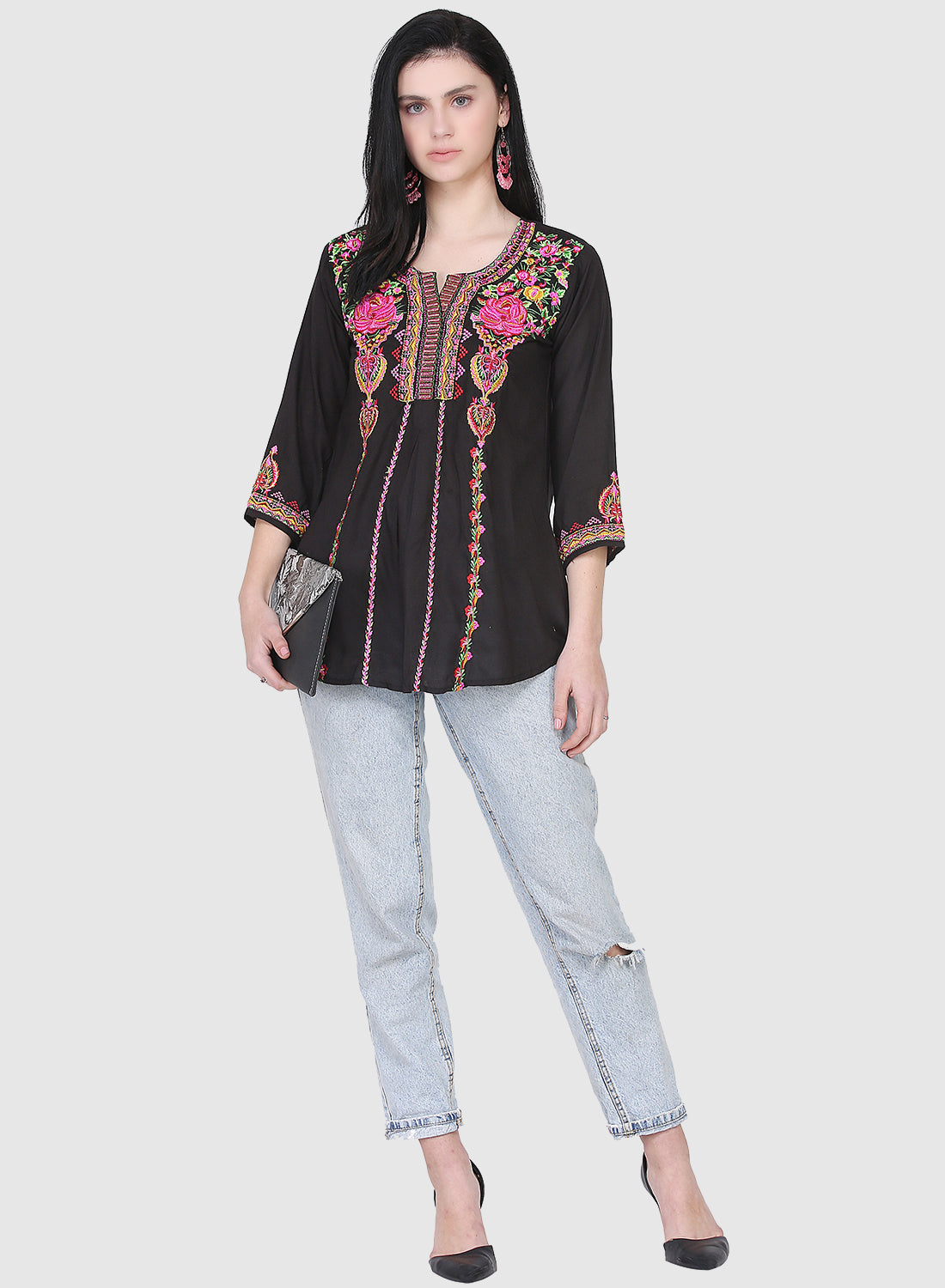 Women Top Black Party Wear Fit and Flare 3/4 Sleeve