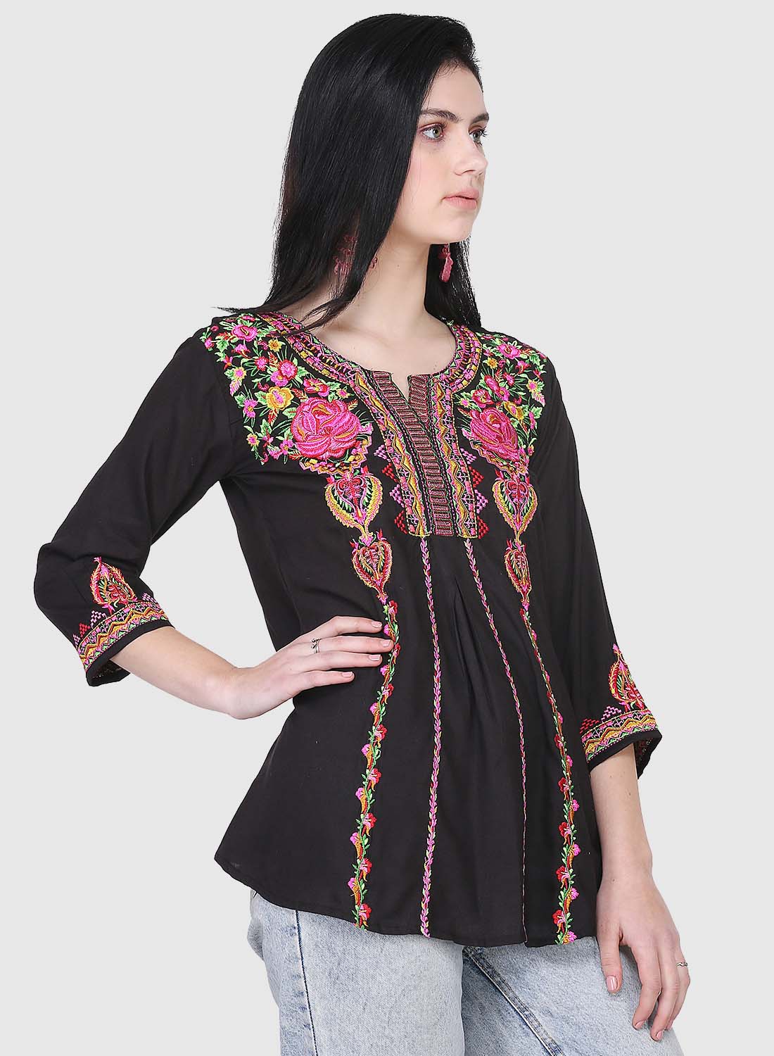 Women Top Black Party Wear Fit and Flare 3/4 Sleeve