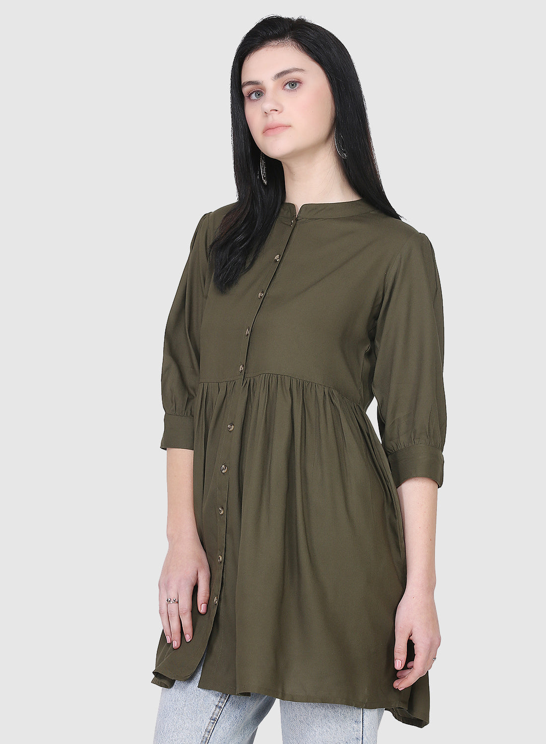 Women Top Mehandi Green Casual Regular Fit and Flare 3/4 Sleeve