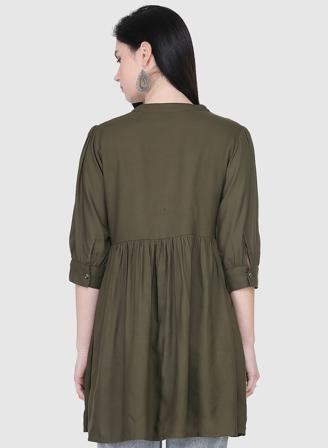 Women Top Mehandi Green Casual Regular Fit and Flare 3/4 Sleeve