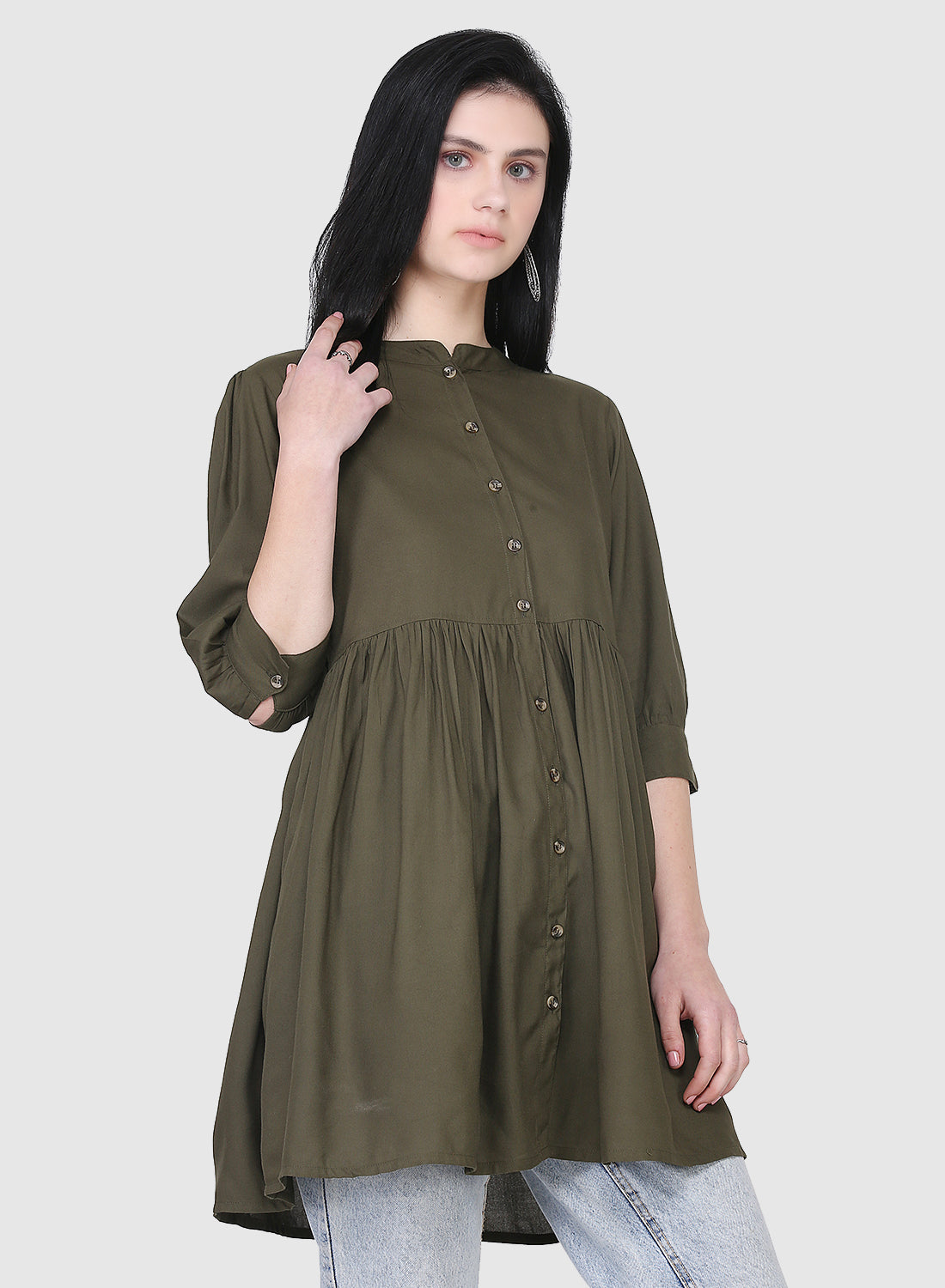 Women Top Mehandi Green Casual Regular Fit and Flare 3/4 Sleeve