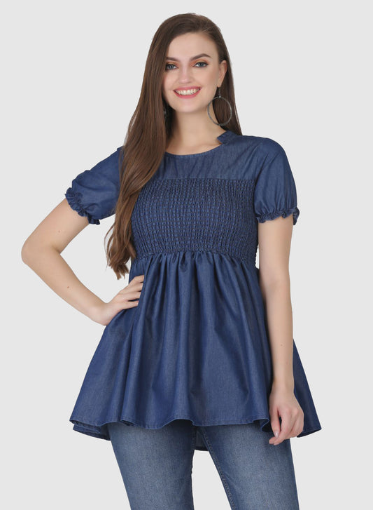 Women Top Fit and Flare Solid Denim