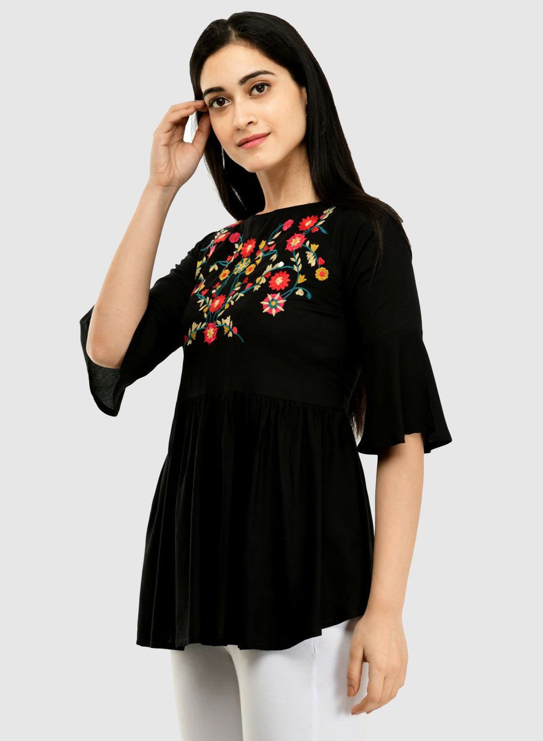 Women Top Black Casual Regular Bell Sleeve
