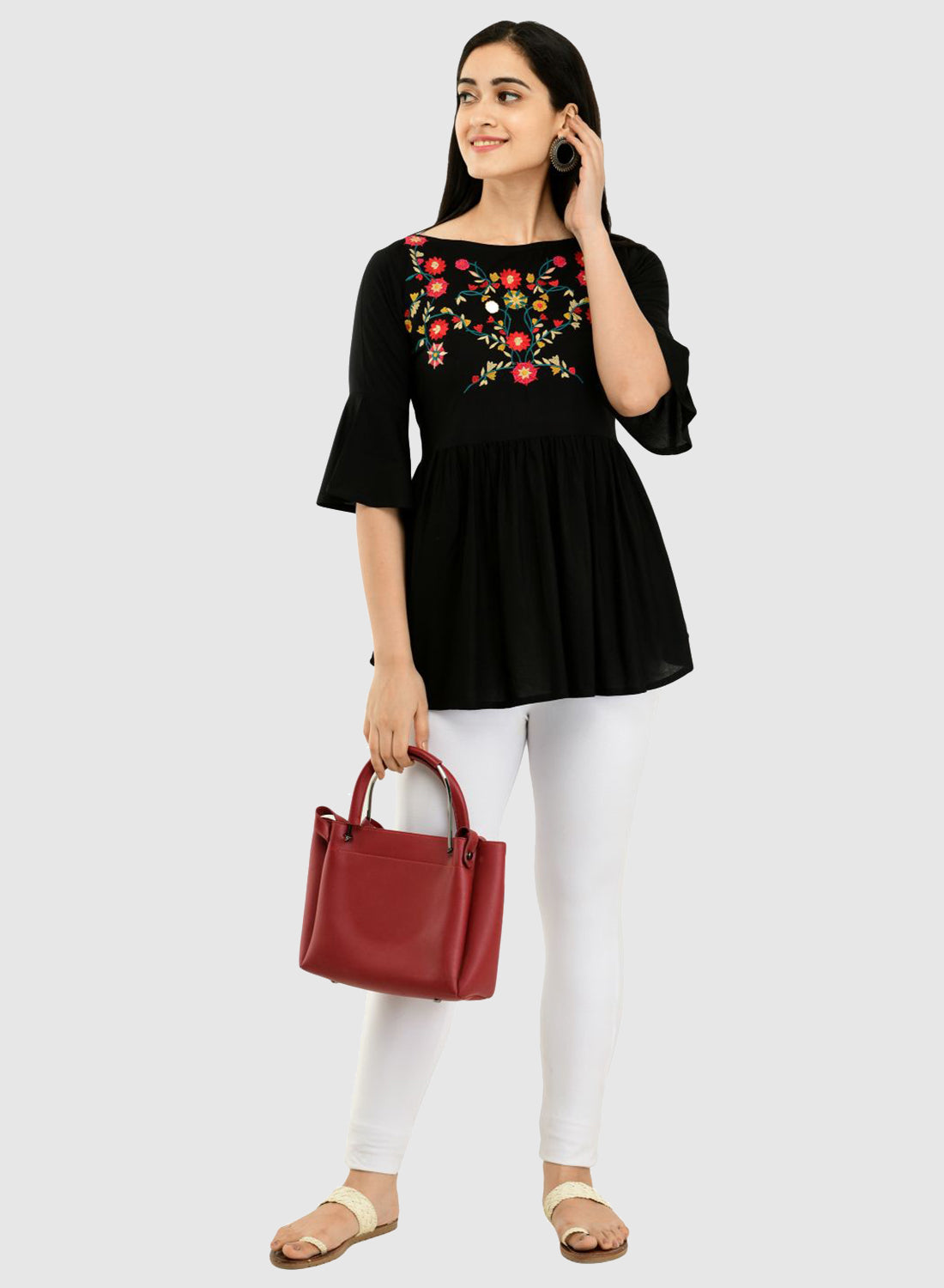 Women Top Black Casual Regular Bell Sleeve