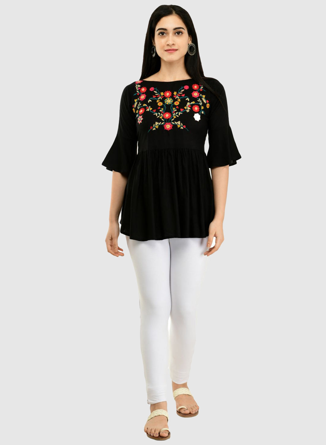 Women Top Black Casual Regular Bell Sleeve