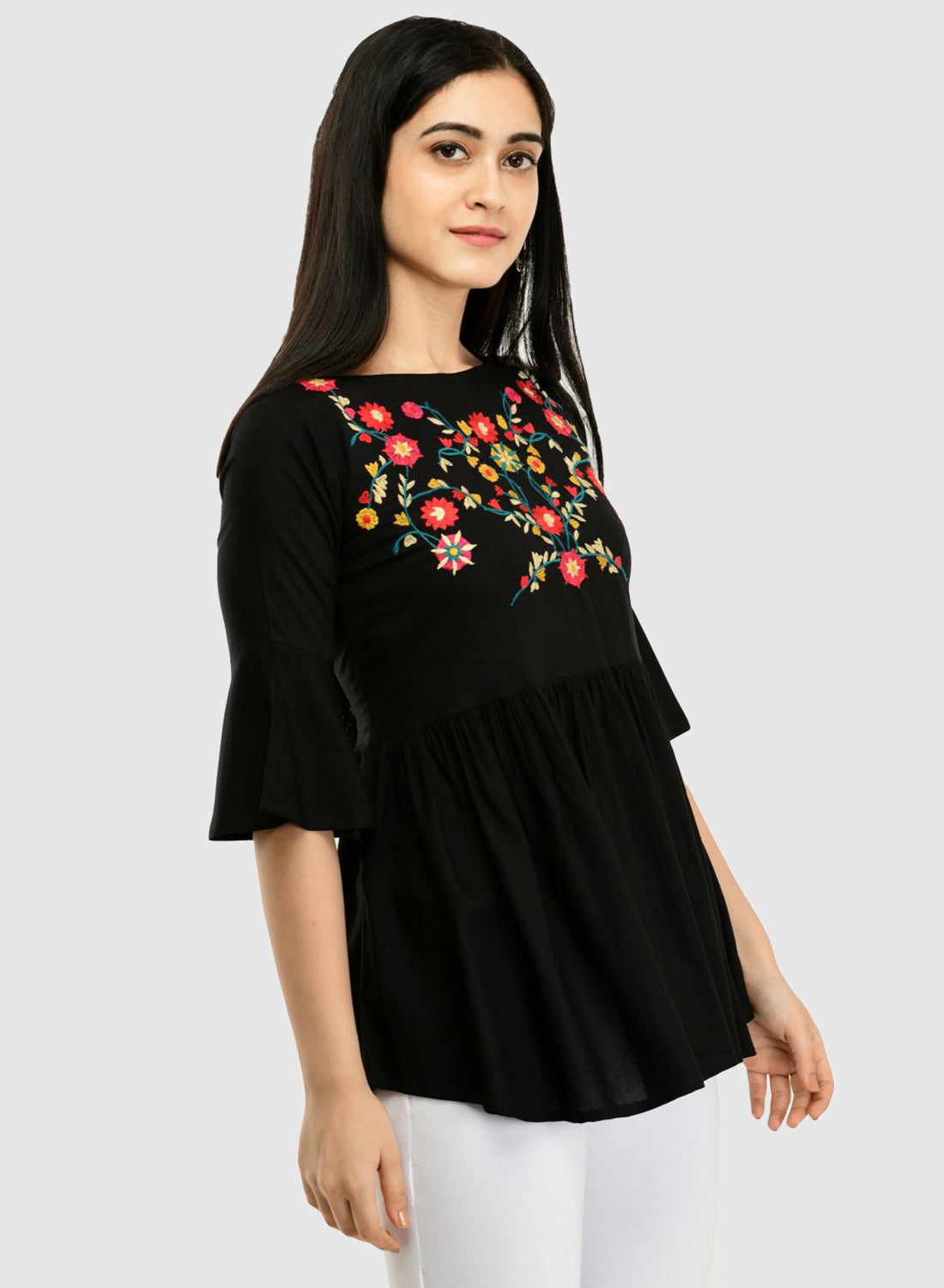 Women Top Black Casual Regular Bell Sleeve