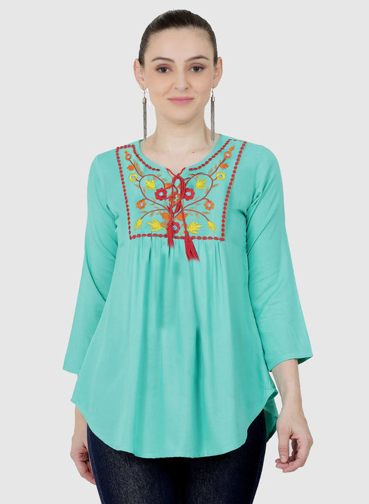 Women Top Light Blue Casual Fit and Flare Regular 3/4 Sleeve