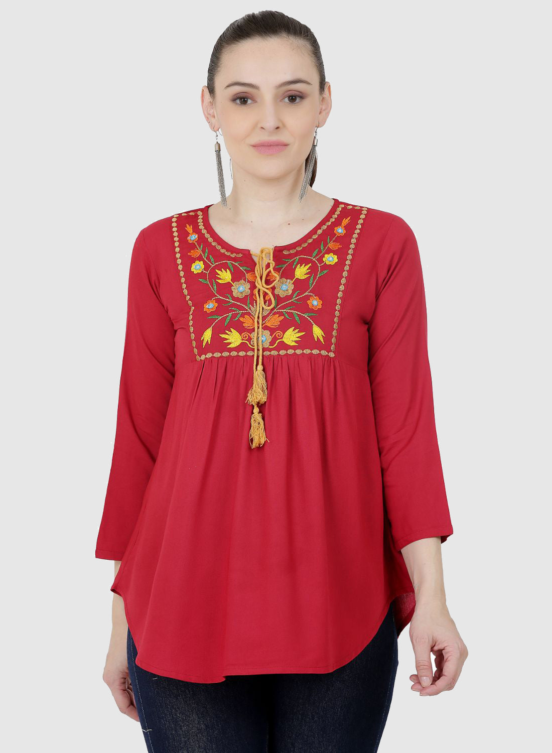 Women Top Maroon Casual Fit and Flare Regular 3/4 Sleeve