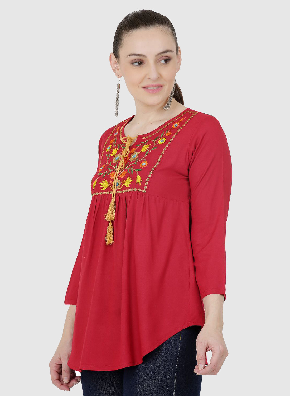 Women Top Maroon Casual Fit and Flare Regular 3/4 Sleeve