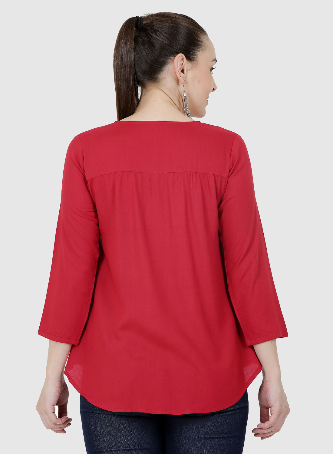 Women Top Maroon Casual Fit and Flare Regular 3/4 Sleeve