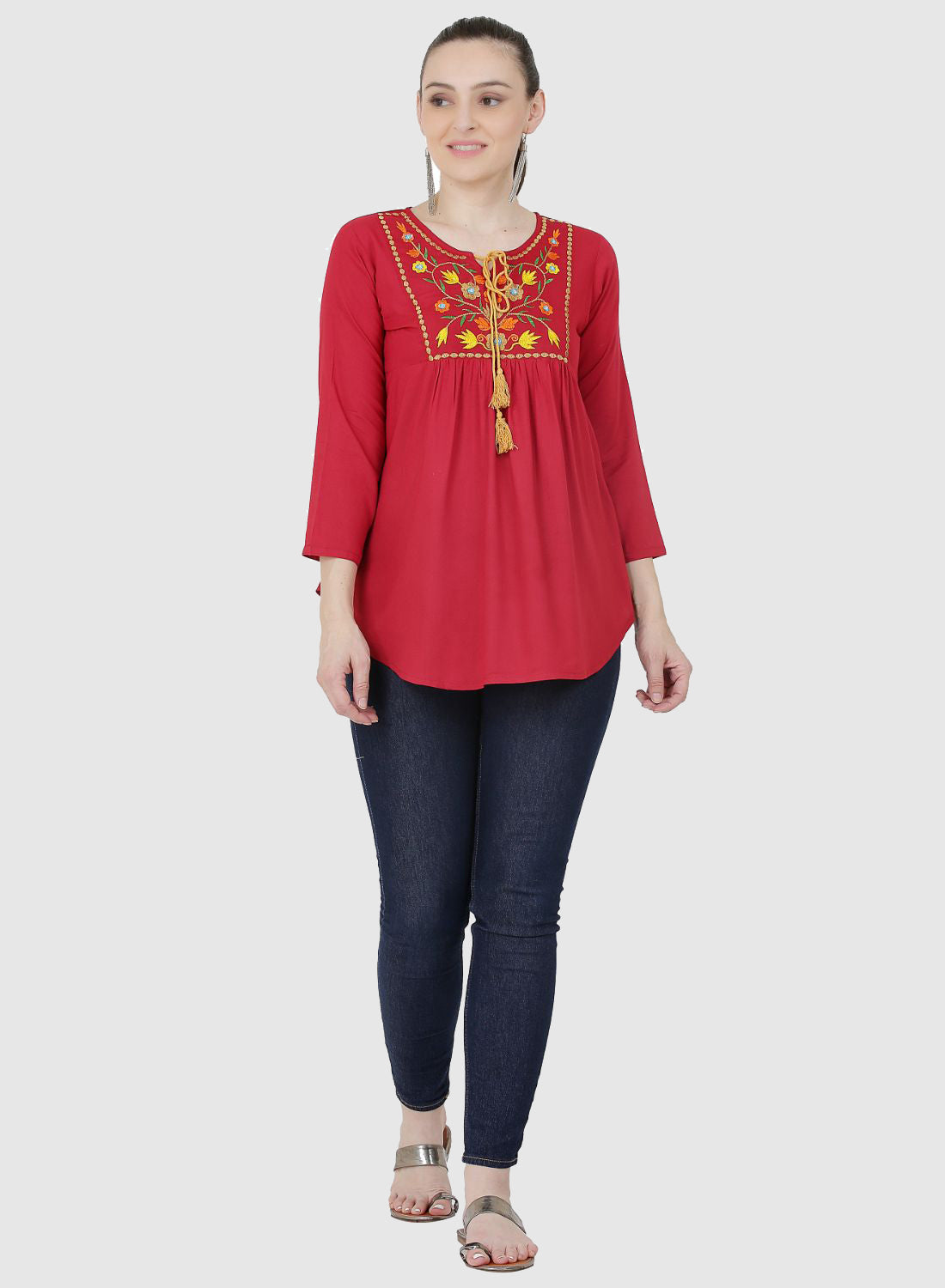 Women Top Maroon Casual Fit and Flare Regular 3/4 Sleeve