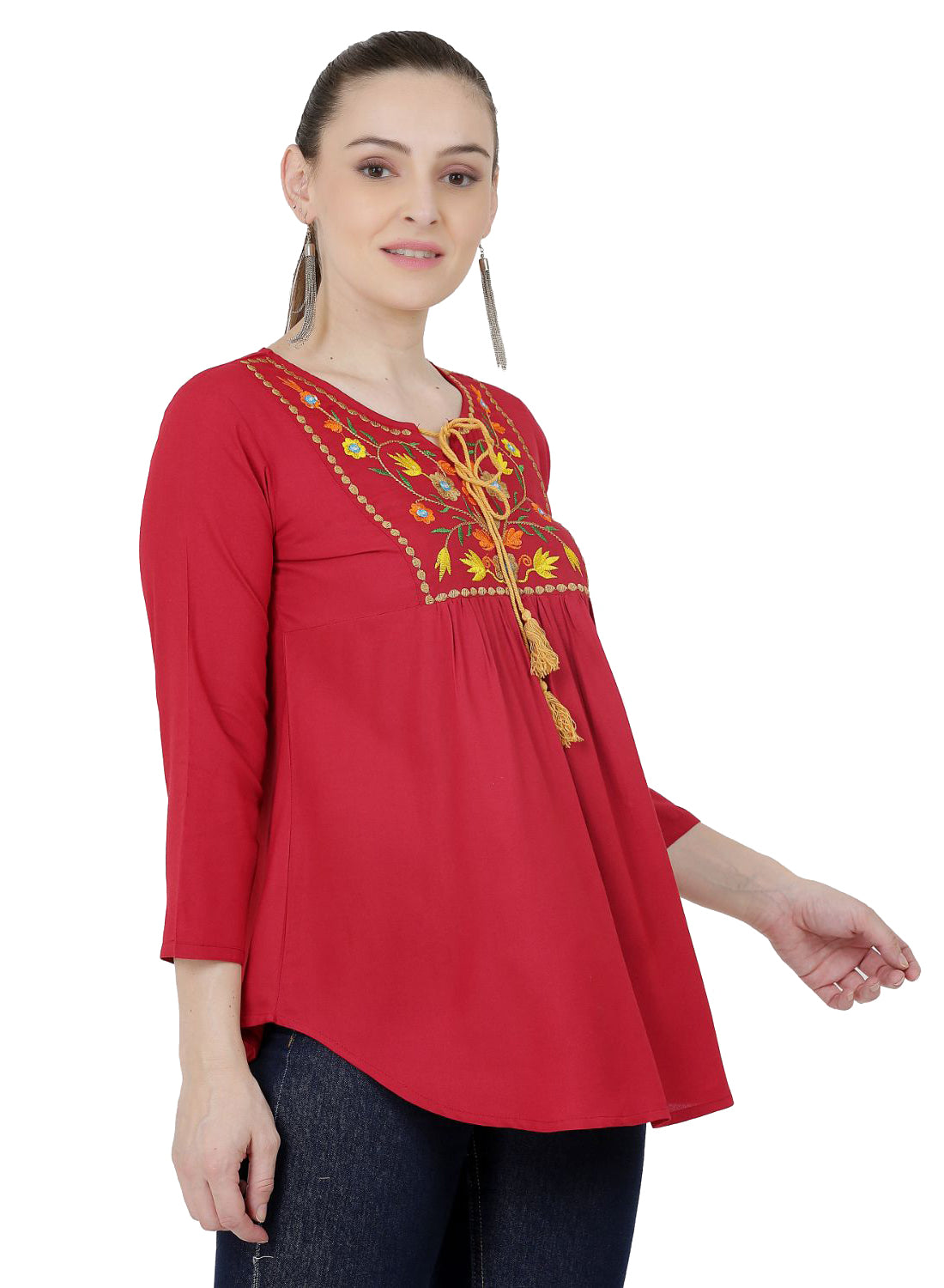 Women Top Maroon Casual Fit and Flare Regular 3/4 Sleeve