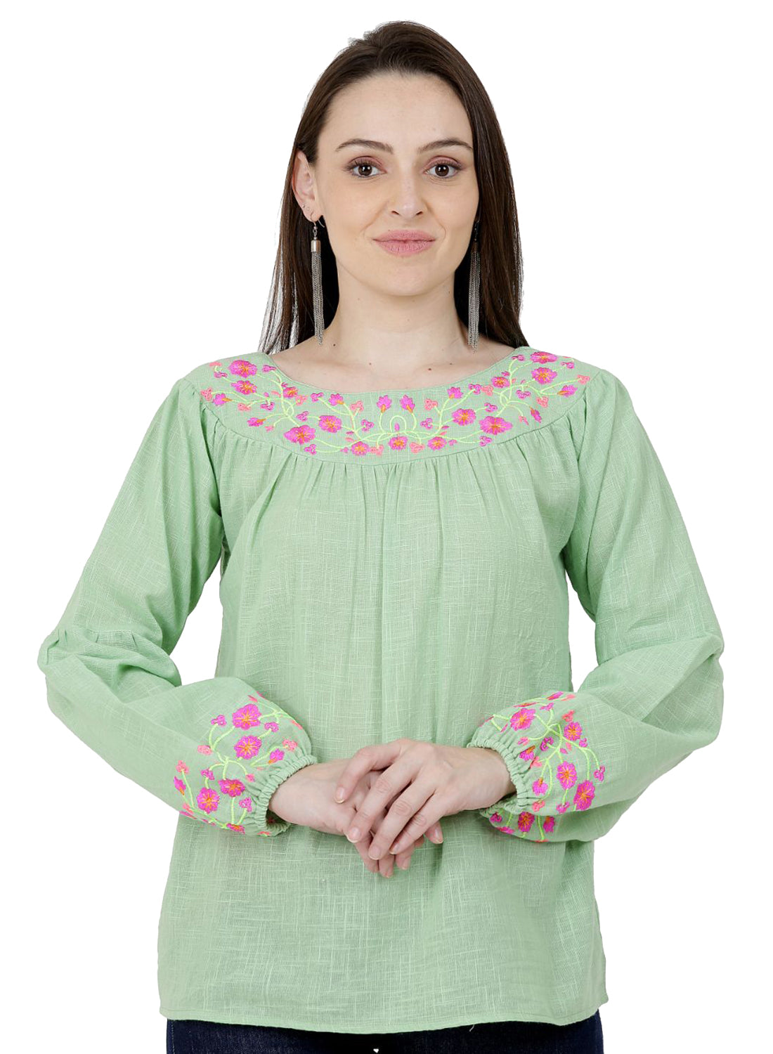 Women Top Light Green Casual Regular Fit Puff Sleeve