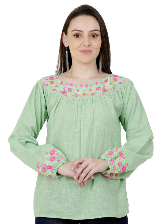 Women Top Light Green Casual Regular Fit Puff Sleeve
