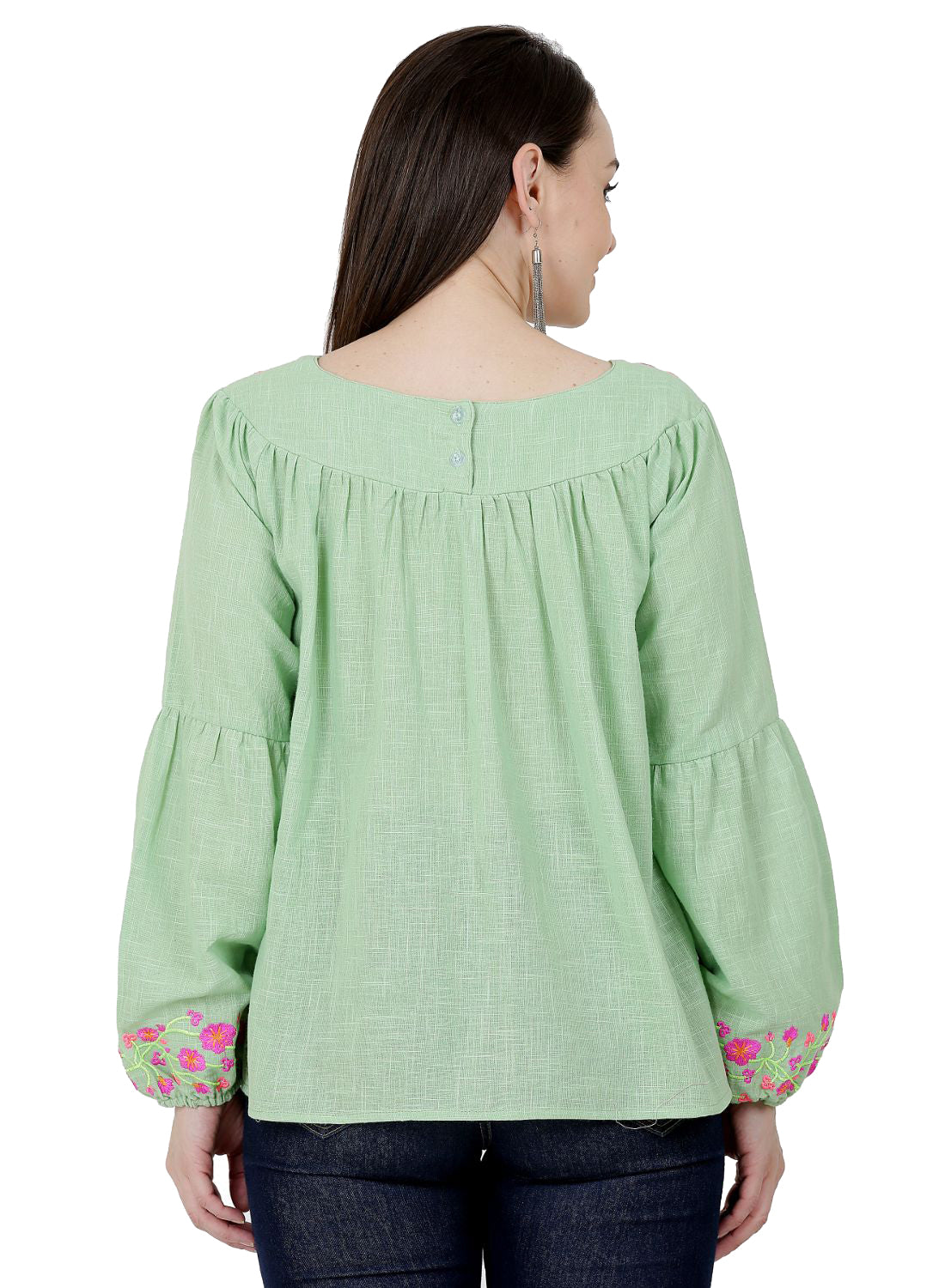 Women Top Light Green Casual Regular Fit Puff Sleeve