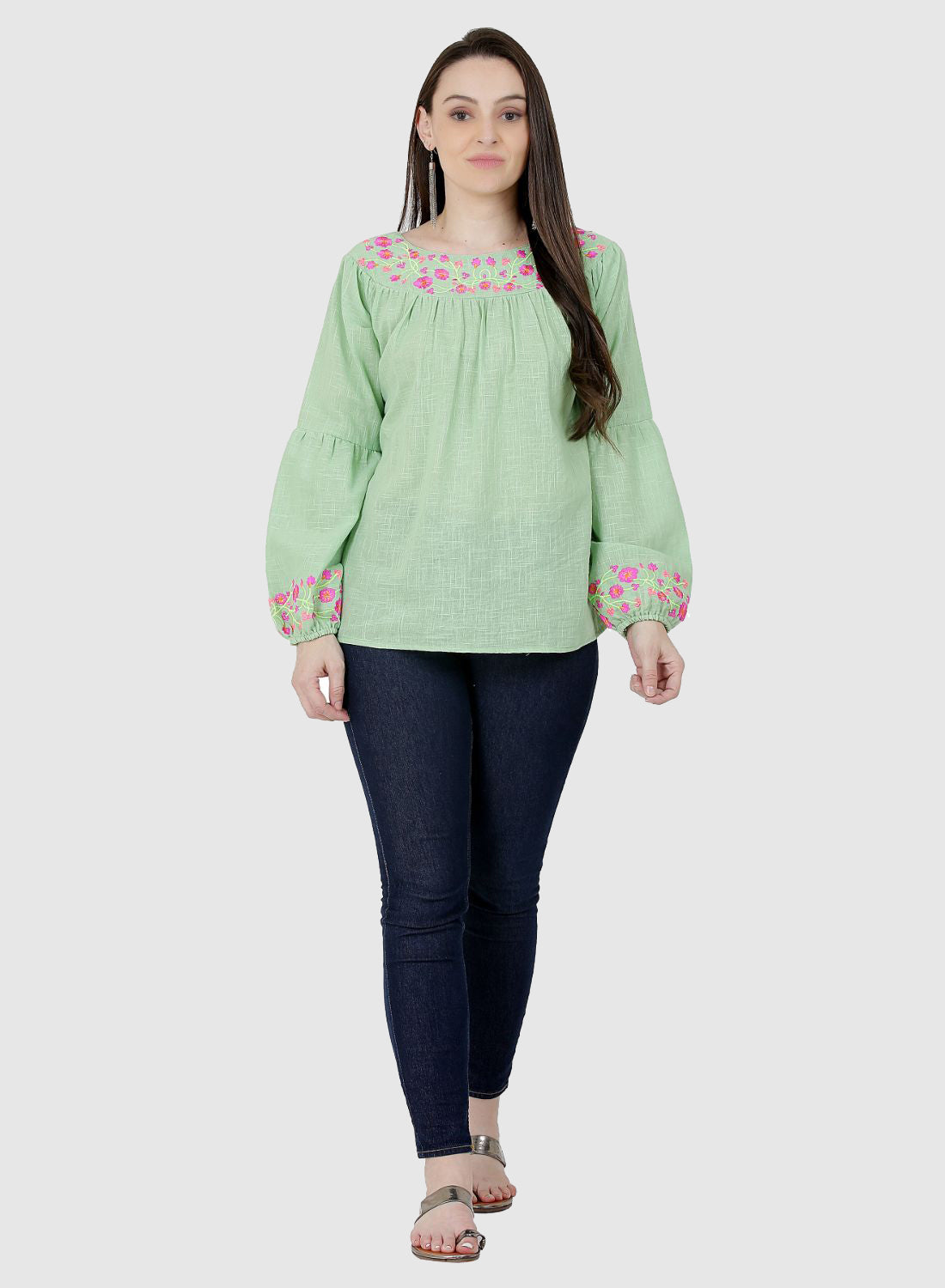 Women Top Light Green Casual Regular Fit Puff Sleeve