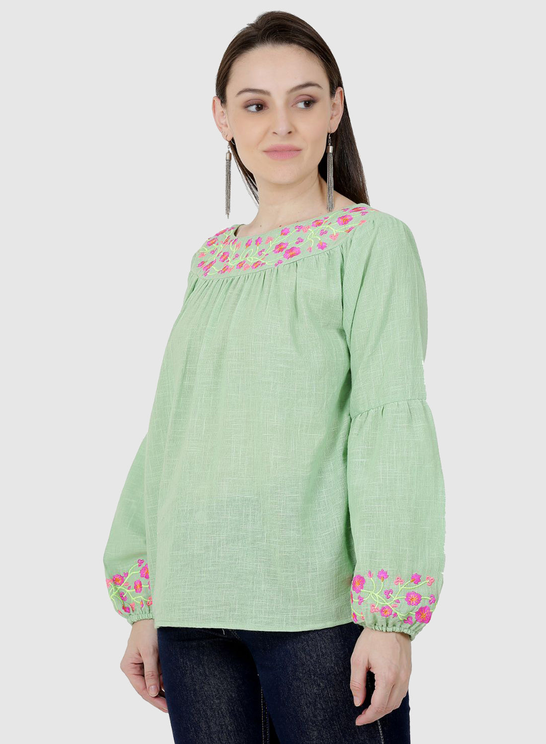 Women Top Light Green Casual Regular Fit Puff Sleeve
