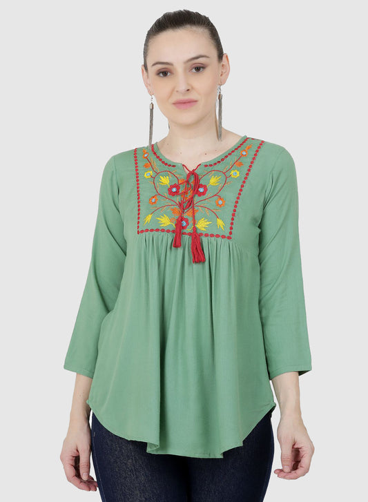 Women Top Sea Green Casual Fit and Flare Regular 3/4 Sleeve