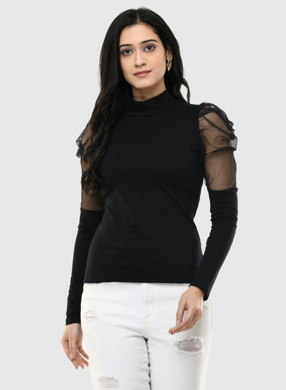 Women Top Black Casual Regular Skin Fit Net Sleeve