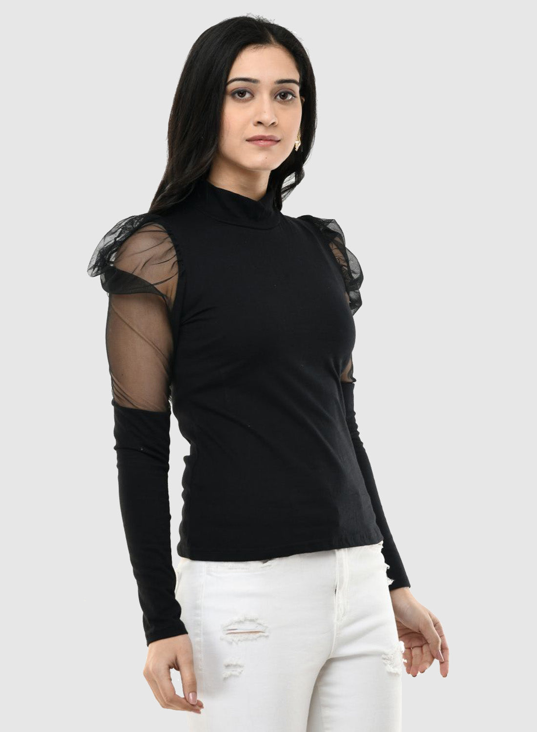 Women Top Black Casual Regular Skin Fit Net Sleeve
