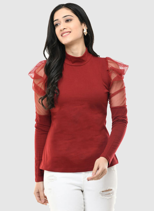Women Top Maroon Casual Regular Skin Fit Net Sleeve