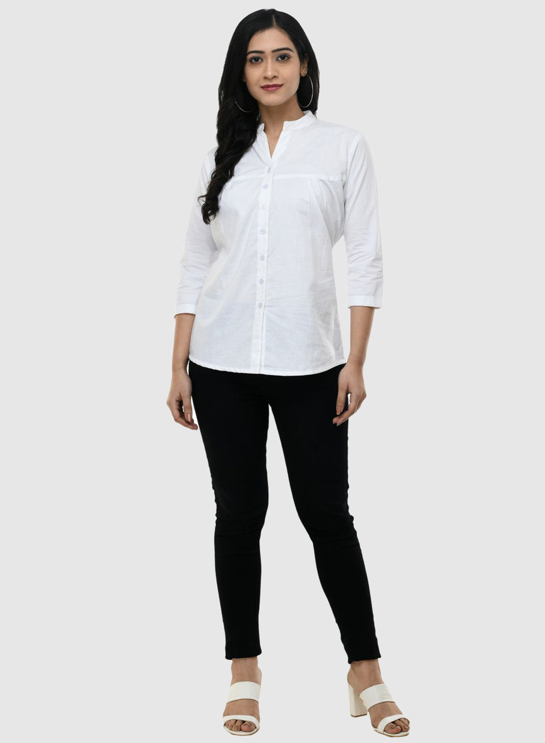 Women Shirt White Cotton Casual Regular 3/4 Sleeve