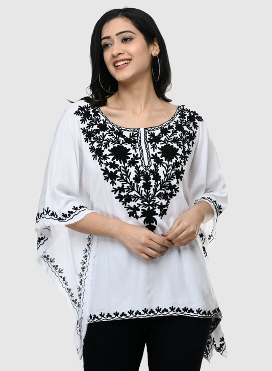 Women Kaftan Top White Casual Regular Fit and Flare Embroidery Work