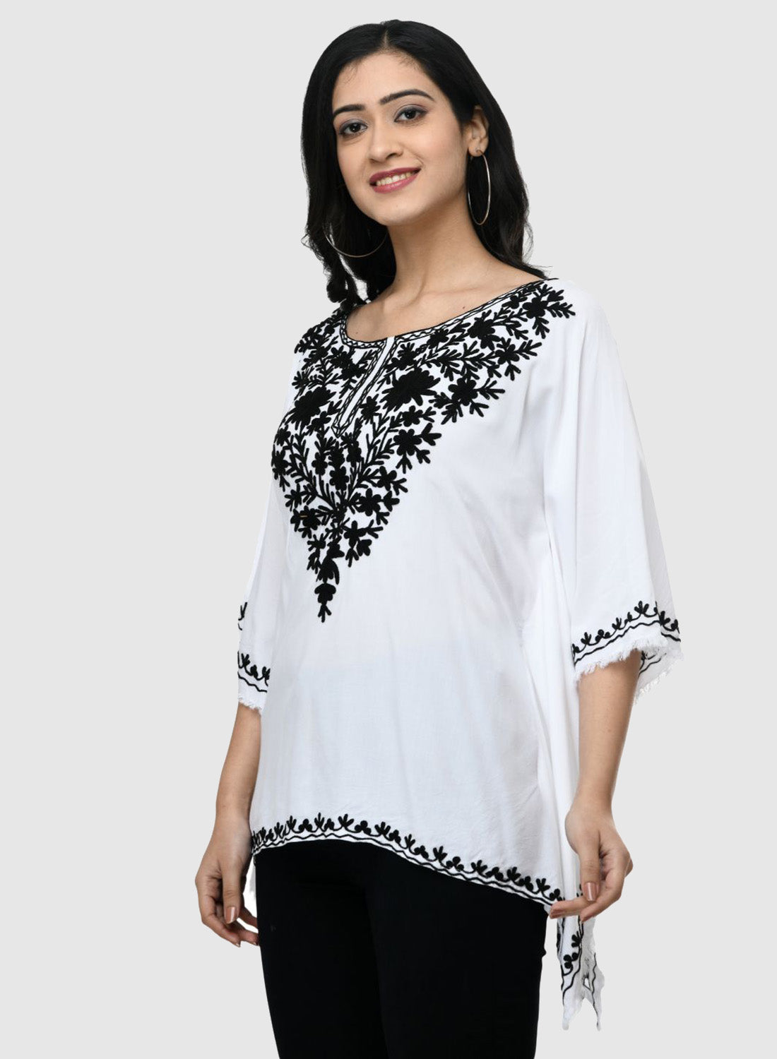 Women Kaftan Top White Casual Regular Fit and Flare Embroidery Work