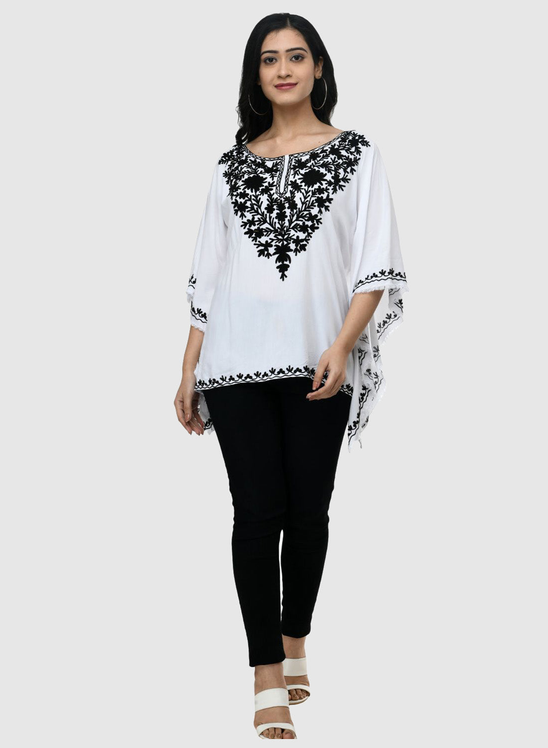Women Kaftan Top White Casual Regular Fit and Flare Embroidery Work