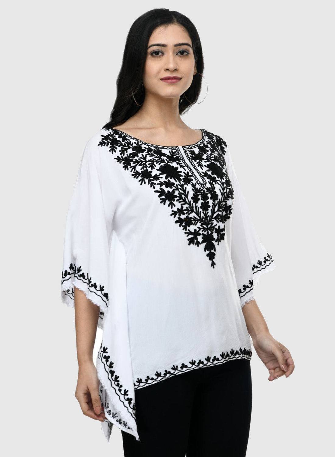 Women Kaftan Top White Casual Regular Fit and Flare Embroidery Work
