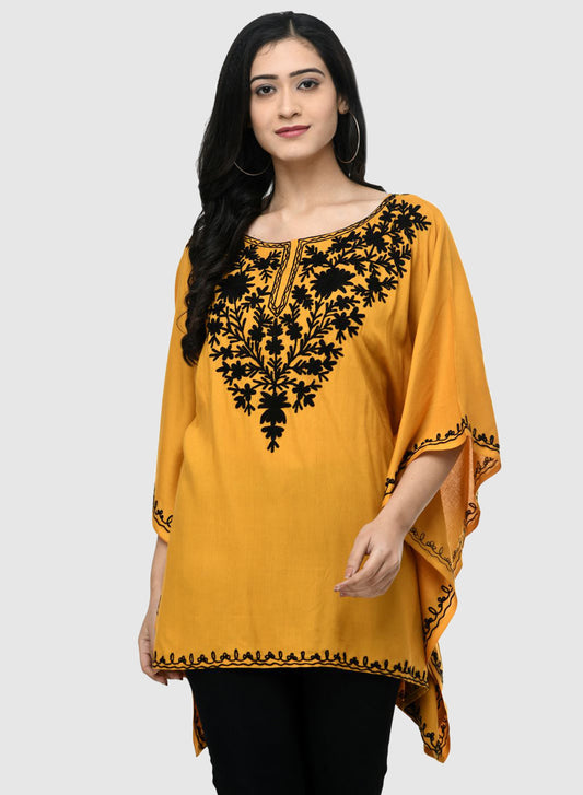 Women Kaftan Top Mustard Casual Regular Fit and Flare Embroidery Work