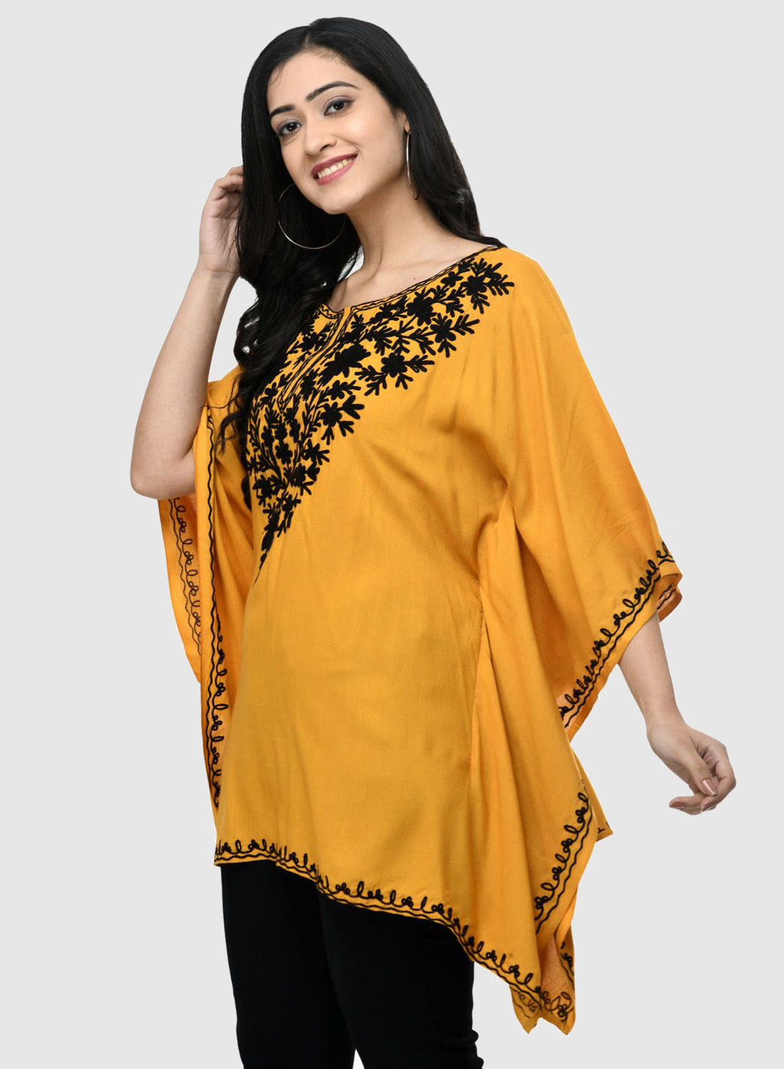 Women Kaftan Top Mustard Casual Regular Fit and Flare Embroidery Work