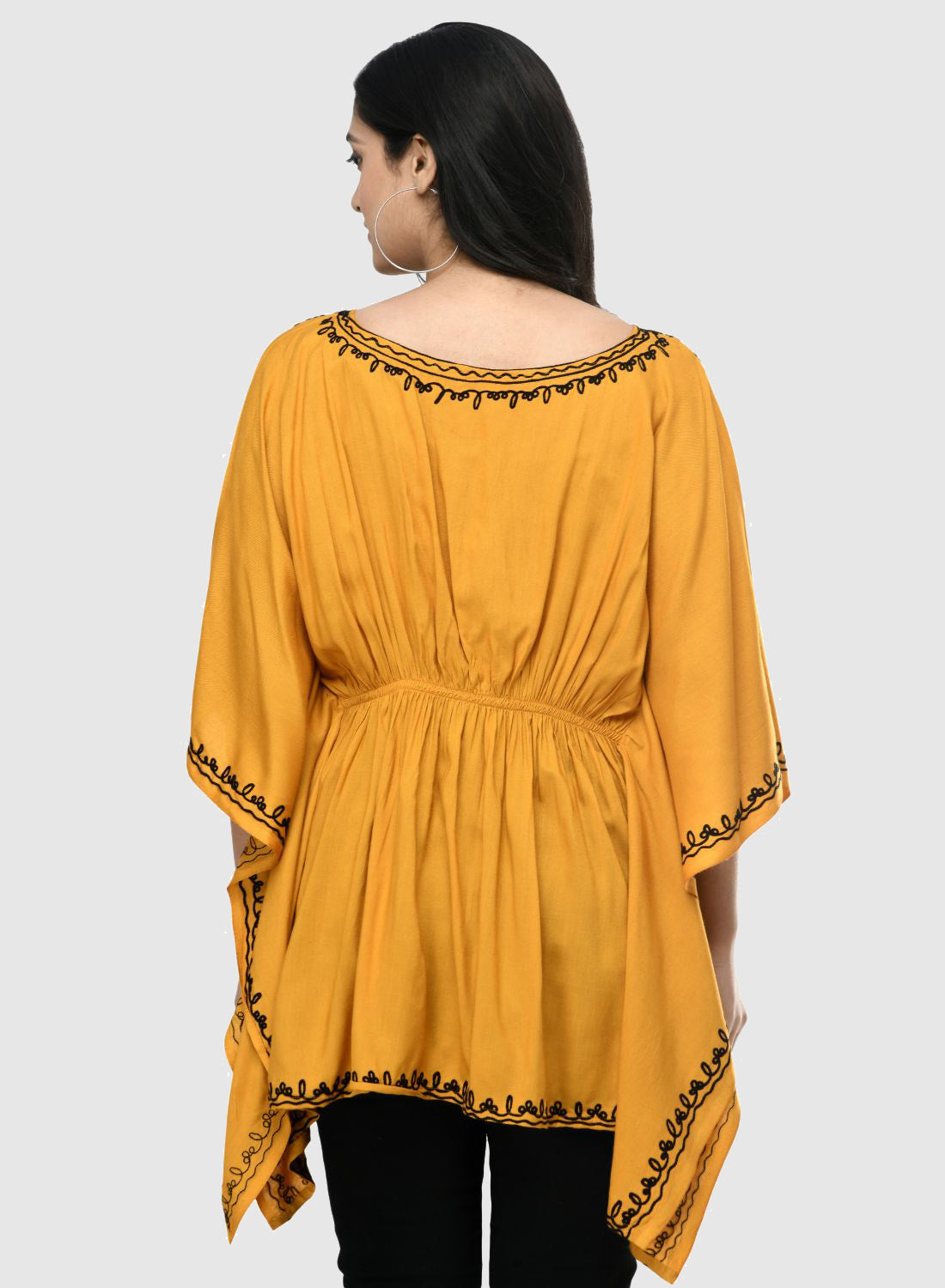 Women Kaftan Top Mustard Casual Regular Fit and Flare Embroidery Work