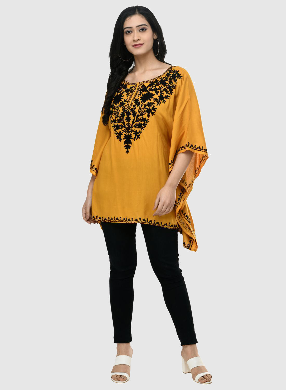 Women Kaftan Top Mustard Casual Regular Fit and Flare Embroidery Work