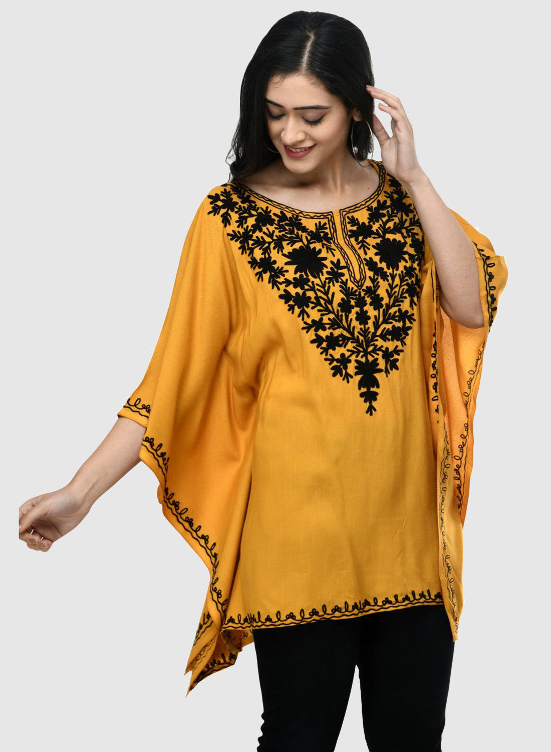 Women Kaftan Top Mustard Casual Regular Fit and Flare Embroidery Work