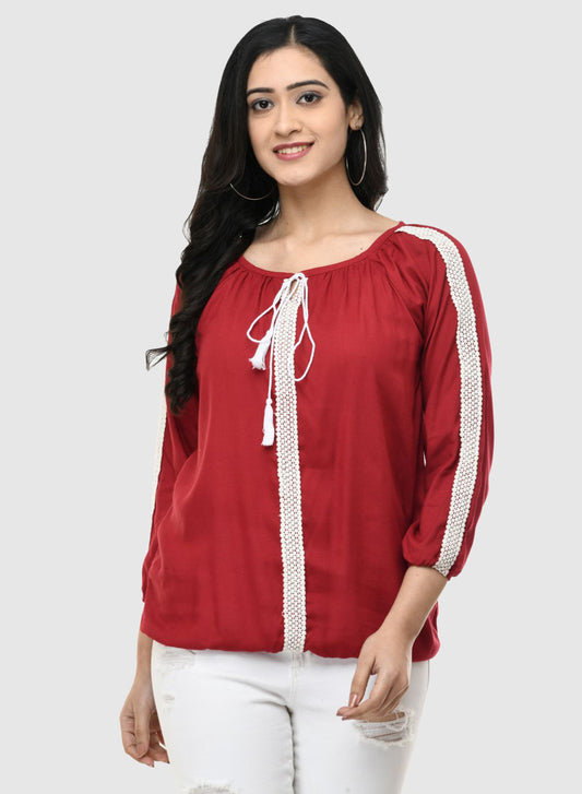 Women Top Maroon Casual Regular Fit 3/4 Sleeve