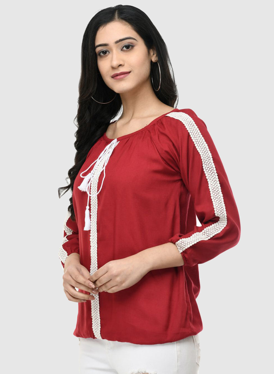 Women Top Maroon Casual Regular Fit 3/4 Sleeve
