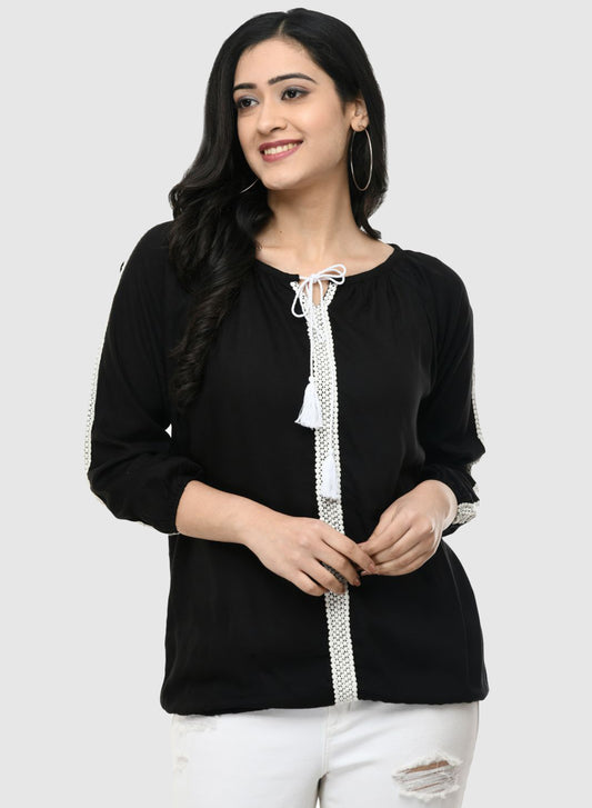 Women Top Black Casual Regular Fit 3/4 Sleeve