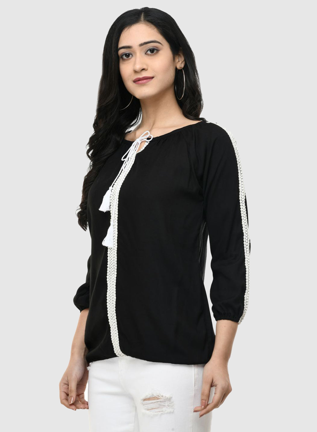 Women Top Black Casual Regular Fit 3/4 Sleeve